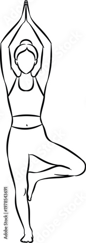 Illustration of a woman performing a yoga tree pose with arms raised