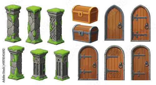 Fantasy architectural elements featuring mossy stone pillars, sturdy wooden treasure chests, and arched wooden doors with iron hinges on white background.