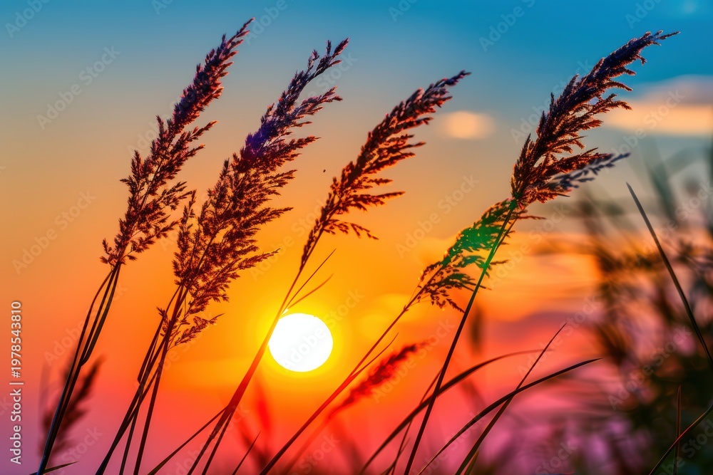 Obraz premium Tall grass silhouettes frame a vibrant sunset with a glowing sun, blending warm orange and cool blue tones in the sky.