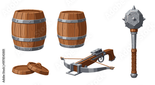 Detailed fantasy game assets featuring two wooden barrels with metal bands, a wooden crossbow, and a heavy spiked stone mace on a white background.