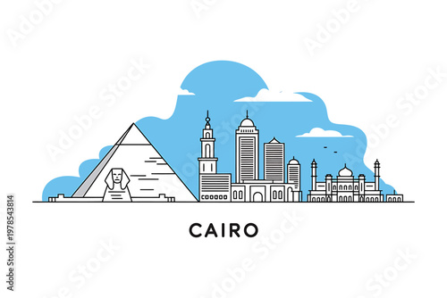 Cairo city skyline with pyramid and sphinx illustration  travel and tourism concept