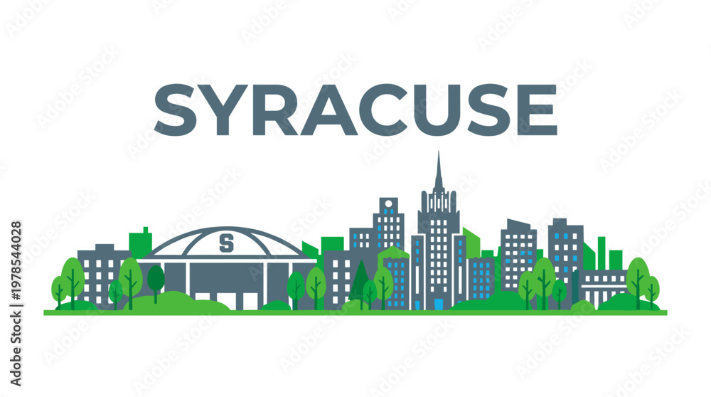 Fototapeta premium Syracuse New York city skyline with dome and landmarks flat vector illustration