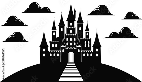 Silhouette of a fairytale castle on a hill with clouds, medieval fortress icon, fantasy palace vector, architectural storybook design element.