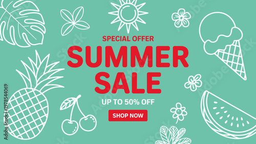 Summer sale special offer up to fifty percent off shopping advertisement with fruits and flowers