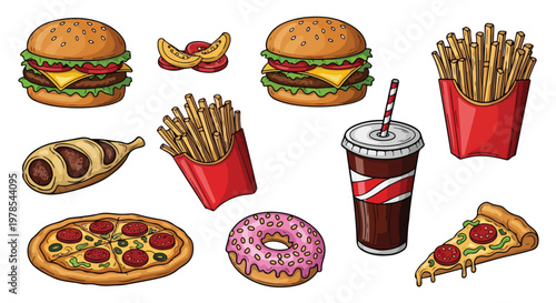 Flat lay of various fast food items including burgers, fries, pizza, donuts, and a soda on a white background.