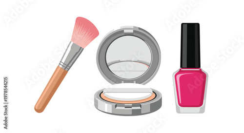 Soft pink makeup brush rests beside a compact mirror with pressed powder and a vibrant magenta nail polish bottle arranged on a clean white background.