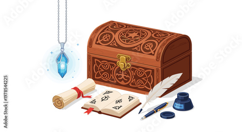 Glowing blue crystal necklace hangs near an ornate wooden treasure chest and an open spellbook with a quill pen and inkwell on a pristine white floor.