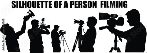 Silhouette of a Person Filming with a Video Camera Isolated on White Background, Videography and Media Production Concept, Minimalist Black Shadow Illustration of Recording and Filmmaking