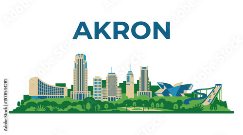 Akron Ohio city skyline featuring Soap Box Derby track minimalist flat vector illustration