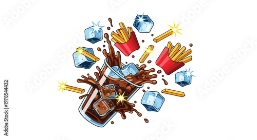 A colorful graphic illustration of assorted fast food items and ice cubes exploding in a dynamic composition with a playful and lively mood.