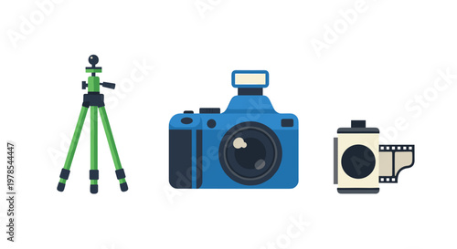Photography equipment set features a vibrant green tripod, a professional blue DSLR camera, and a roll of film on a minimalist, clean white background.