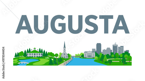 Augusta Georgia city skyline featuring golf course and river landmarks flat vector illustration
