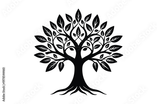 Mystical tree of life silhouette with decorative swirls and patterns.