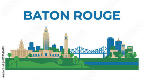 Baton Rouge Louisiana city skyline featuring state capitol landmarks flat vector illustration