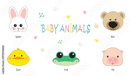 Cute Baby Animal Faces Vector Set for Preschool Learning English Words Rabbit Bear Duck Frog Pig Kids Educational Illustration