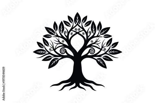 Mystical tree of life silhouette with decorative swirls and patterns.