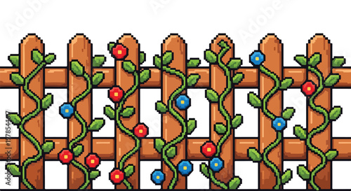 A pixel art illustration of a wooden fence with green vines and colorful red and blue flowers against a plain white background.