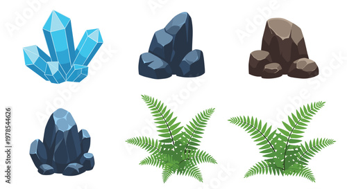 Detailed pixel art collection showcases shimmering blue crystals, rugged dark boulders, and lush green ferns arranged on a pristine white studio backdrop.