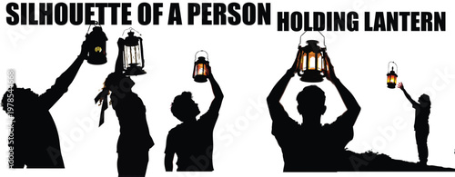 Silhouette of a Person Holding a Lantern Raised High Isolated on White Background, Light in Darkness Concept, Minimalist Black Shadow Illustration of Guidance and Hope