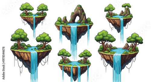 Vibrant pixel art floating islands feature lush green trees and cascading waterfalls suspended in a bright, ethereal sky with detailed rocky textures.