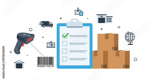 Digital logistics clipboard with a green checkmark icon stands beside a barcode scanner and cardboard boxes in this clean, professional vector graphic.