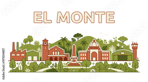 El Monte California city skyline with hills and trees in flat vector illustration