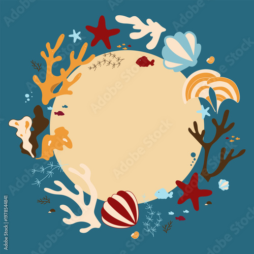 Sea frame circle. Nautical border. Vector ocean illustration in cartoon style with coral starfish shells on blue yellow color background with free space