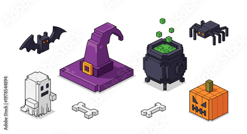 Spooky Halloween elements including a purple witch hat and bubbling green cauldron appear alongside a ghost and spider in this festive isometric icon set.