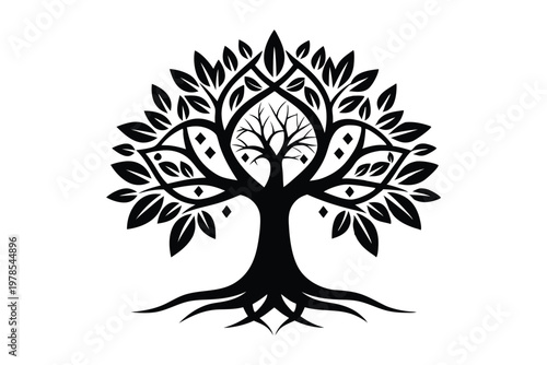 Tree of life silhouette with eye symbol for wisdom and spirituality.
