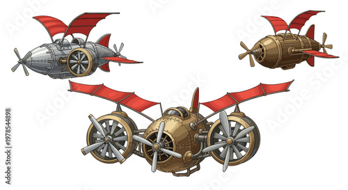 Vintage steampunk airships featuring large red wings and rotating propellers soar through the air in this intricate and stylized mechanical design collection.
