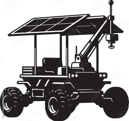 Solar Powered Crane, Black Vector Illustration, Industrial Equipment, Heavy Machinery
