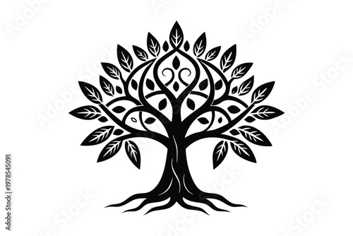 Tree of life silhouette with eye symbol for wisdom and spirituality.