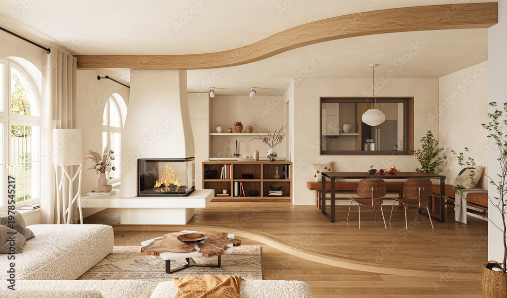 Naklejka premium Soft Organic Minimal Living Space with flowing architectural lines, a sculptural plaster fireplace, and natural wood furniture. Soft neutral tones, arched windows, and curated decor, 3d render