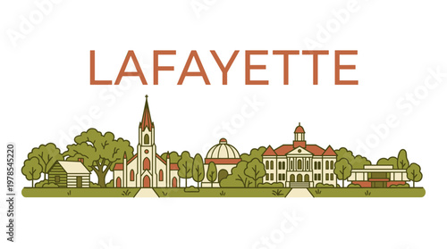 Lafayette Louisiana city skyline with historical landmarks flat line art vector illustration