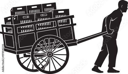 Black and white illustration, man pushing cart, luggage cart, travel icon