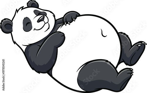 Cartoon panda bear lying on its back with a happy expression on its face and a big belly