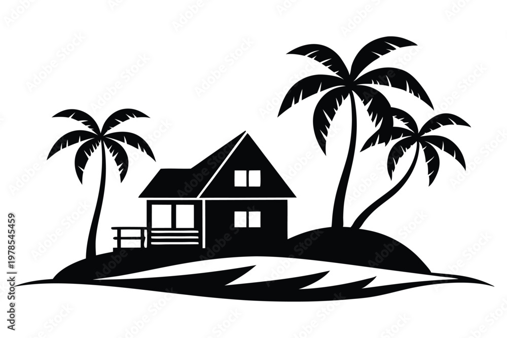 Obraz premium Tropical island silhouette with palm trees and beach hut.
