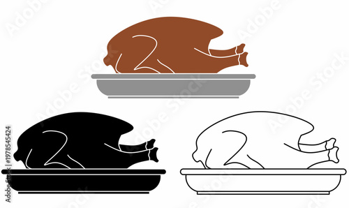 Roast Chicken on Tray Icon Set. Silhouette, Outline and brown Color. ideal for food menu, restaurant branding, kitchen, and catering designs