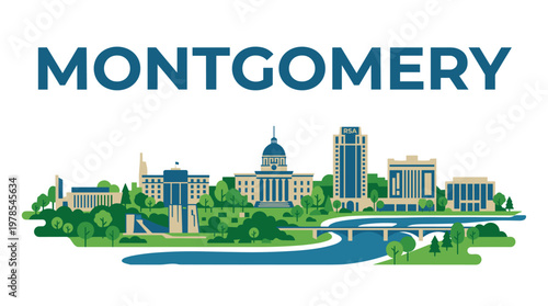 Montgomery Alabama city skyline illustration featuring state capitol and river flat vector