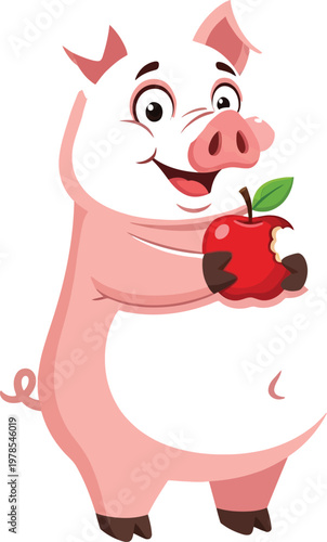 Cartoon pig happily holding a bitten red apple in its hand