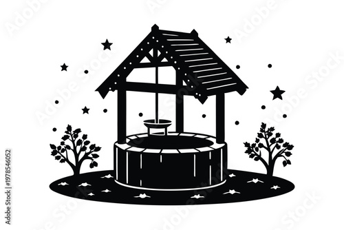 Old stone water well silhouette isolated on white background.