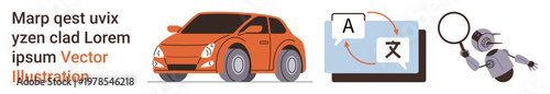Automotive design, language services, AI technology, online tools, automation, information search. Orange car, translation screen robot with magnifying glass. Language services and AI technology