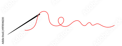 Minimalist sewing needle with flowing thread in curvy line art. Ideal for tailor branding, dressmaking symbols, and needlework craft illustrations on isolated background. Vector editable stroke