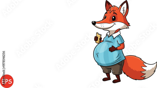 Cartoon fox in blue shirt holding pizza standing on white background