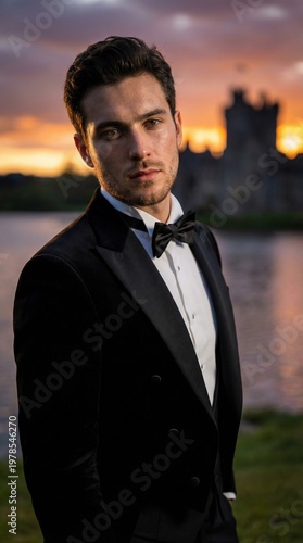 Man in formal attire stands by a lake with a castle in the background during sunset
