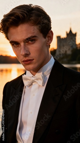 Young man in formal attire stands by a lake at sunset near a castle with historical architecture in the background