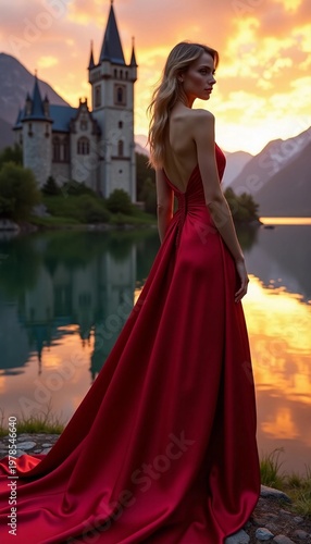 Woman in red dress stands by lake near castle at sunset with mountains in background showing reflections on water surface