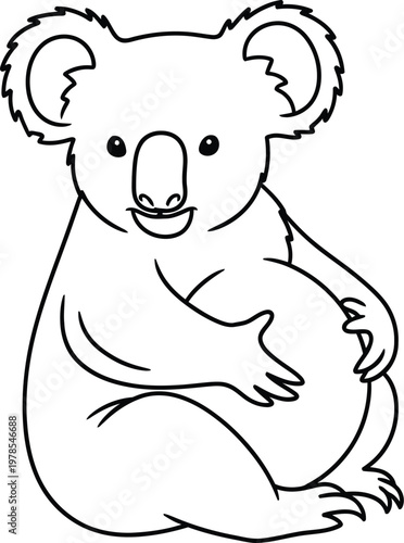 Koala sitting and smiling with its arms wrapped around its body