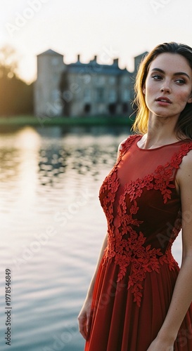 Model stands by the water in a flowing red dress with lace details at a historic building during sunset near a lake in a tranquil setting