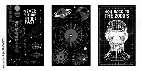 A triptych of futuristic space themed illustrations with retro aesthetics